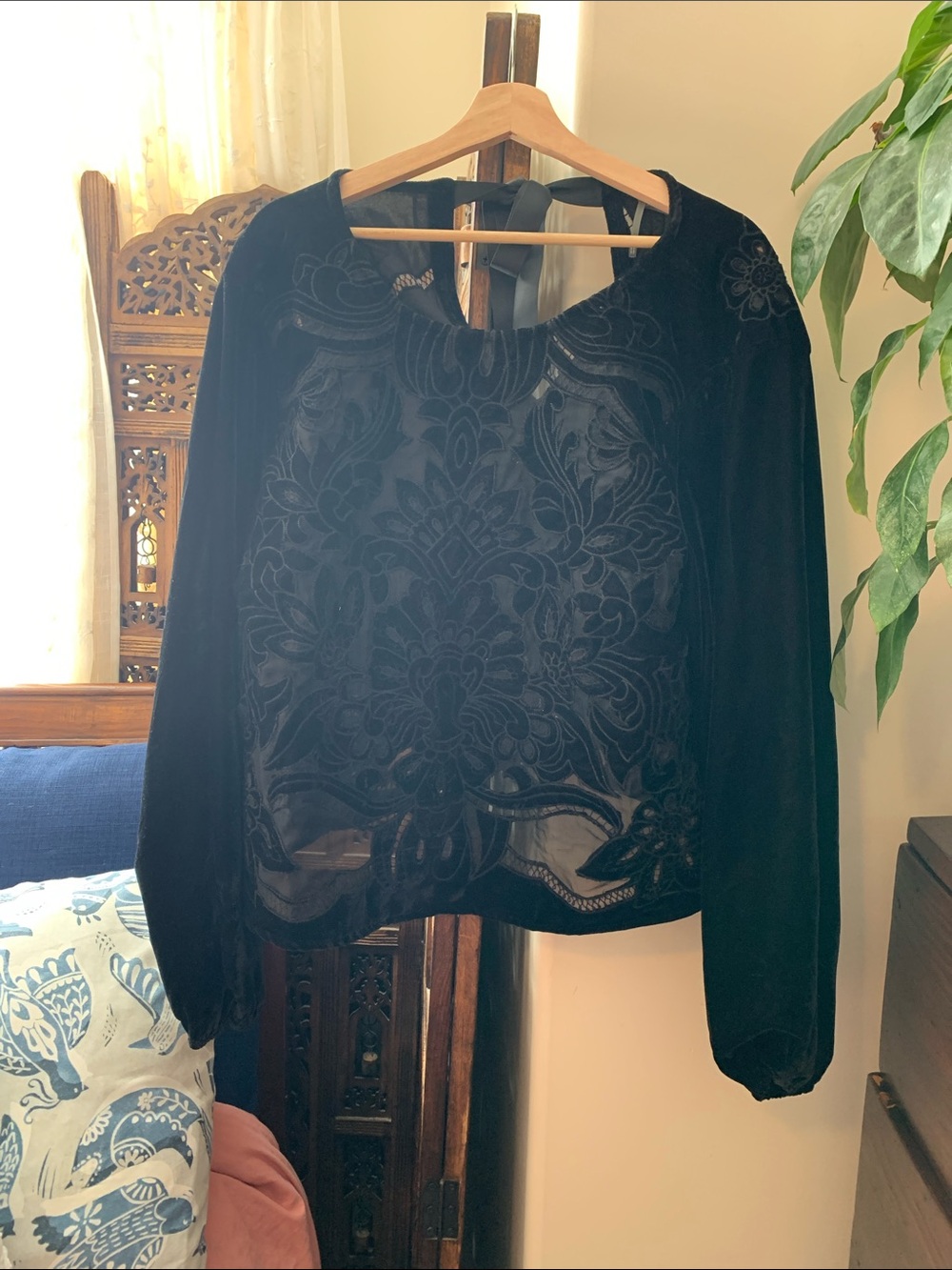 Anthropologie Black Velvet Burnout Floral Long Sleeve Top